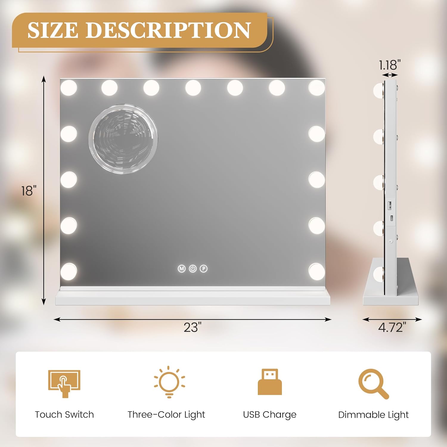 Garvee Vanity Mirror with Lights, Tabletop Lighted Mirror with 15 Dimmable LED Bulbs, Makeup Mirror with 3X Magnification, 3 Colors Modes,Touch Control, USB Charging Port, 23”x18”, White