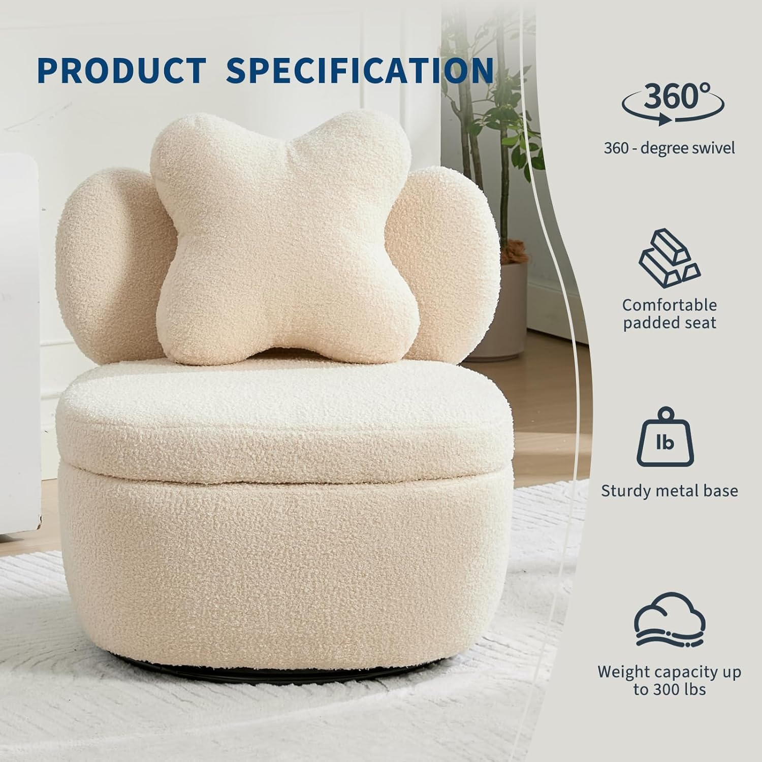 Garvee 360° Swivel Armchair with Storage, Teddy Velvet Accent Chair with Pillow, Ergonomic Design, 300 Lbs Capacity, Easy Assembly, Modern Lounge Chair for Living Room, Bedroom & Office, Camel