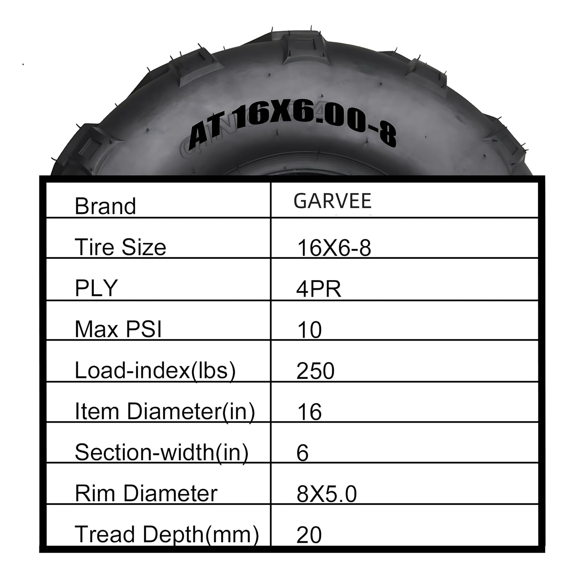 Garvee Go-Kart Sport ATV Tires Set of 4 16X6.00-8 Off-Road Tubeless Tires for Agricultural Machinery, Rugged Black