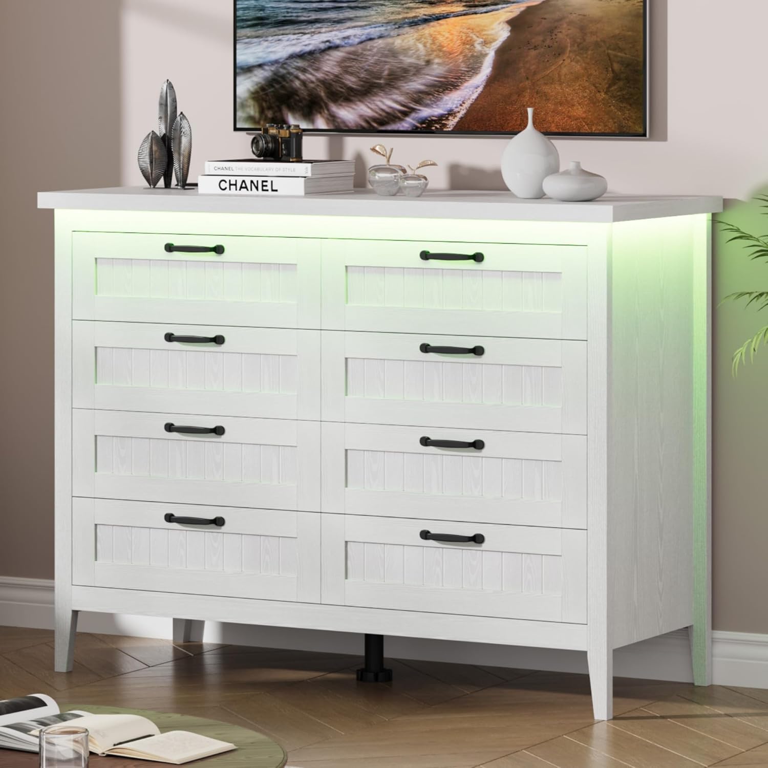 Garvee 8 Drawer Dresser with Power Outlet, White Dresser with LED Light, Modern Chest of Drawers for Closet, Double Wide Drawer Organizer Cabinet for Bedroom, Living Room