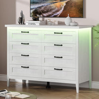 Garvee 8 Drawer Dresser with Power Outlet, White Dresser with LED Light, Modern Chest of Drawers for Closet, Double Wide Drawer Organizer Cabinet for Bedroom, Living Room
