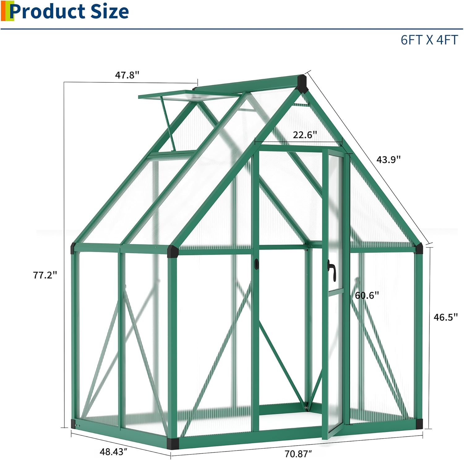 Garvee Heavy Duty 6x4 FT Walk-In Polycarbonate Greenhouse – Reinforced Aluminum Frame, Double Swing Doors, Quick Setup, Roof Ventilation – Ideal for Garden Plants and Year-Round Growing – Green