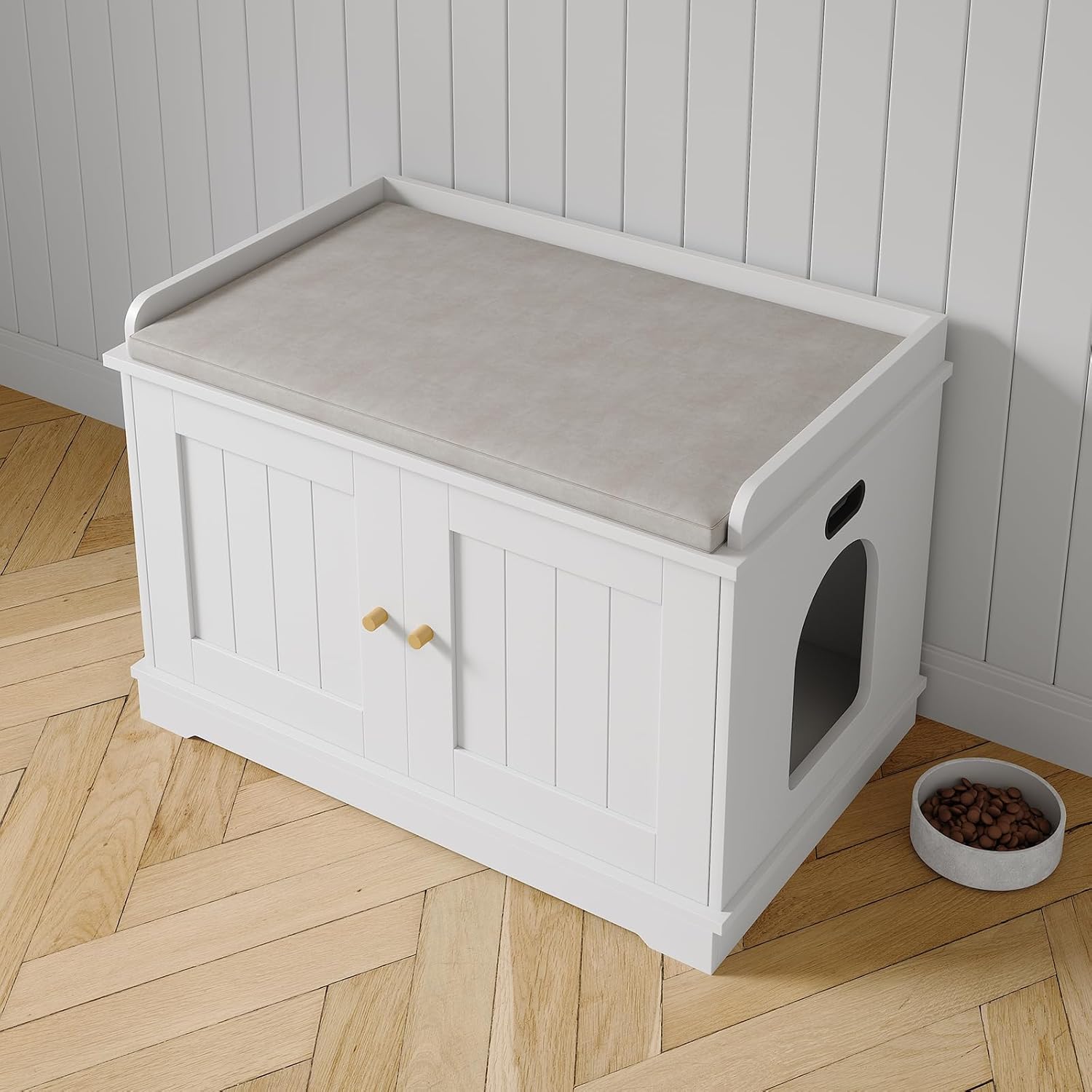 Garvee 31.5" Cat Litter Box Enclosure Furniture with 2 Doors & Display Shelf, Wooden Hidden Cat Cabinet for Living Room, Dog-Proof Design for Multiple Cats, Smooth Surface & Quick Clean-Up, White