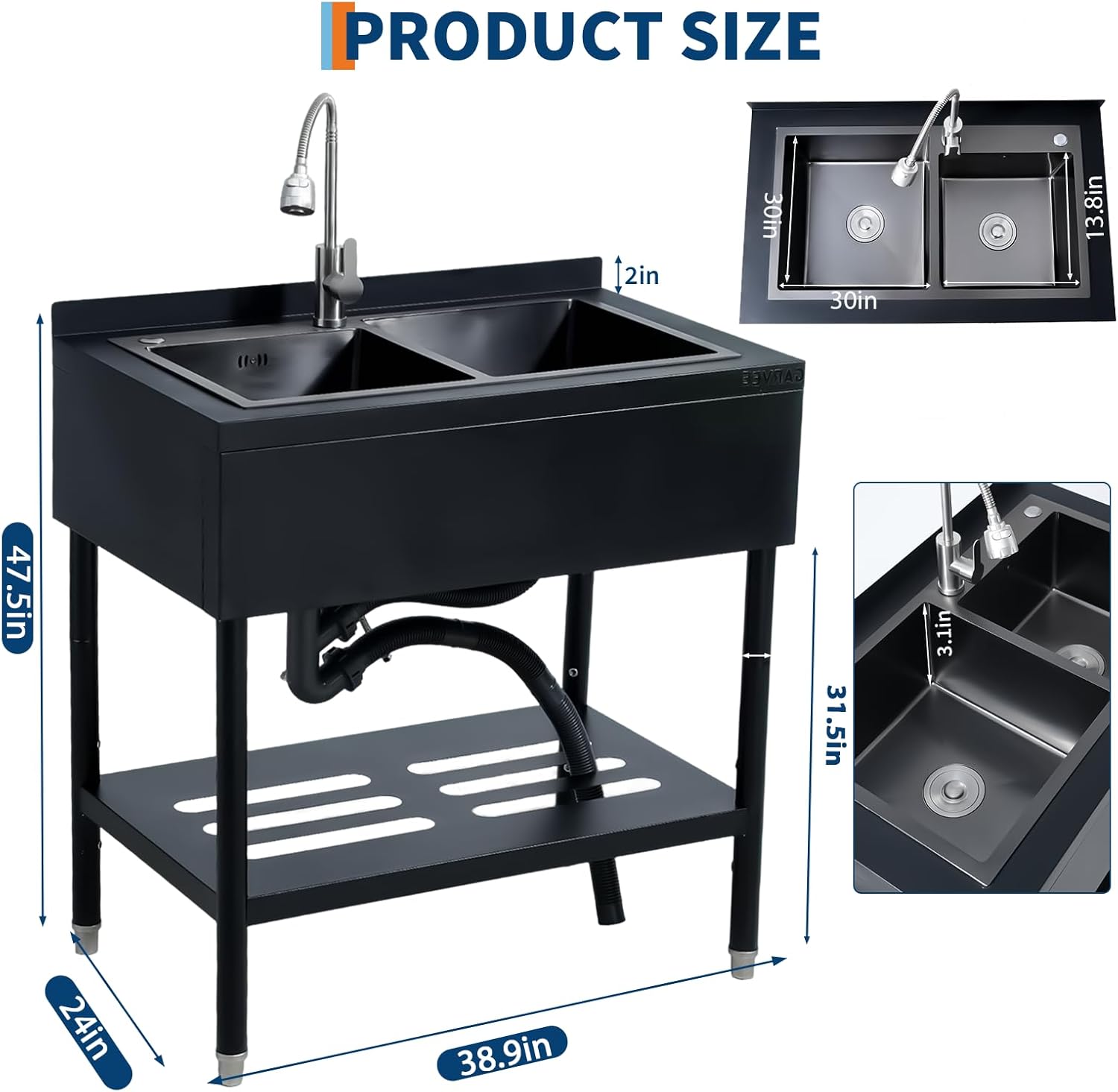 Garvee 22"D X 37"W X 39"H Freestanding Stainless Steel Double Bowl Kitchen basin - 360° Rotating Faucet - Durable, Rust Proof, Easy to Clean - Modern Black Finish - For Home, Kitchen, Bar, Laundry