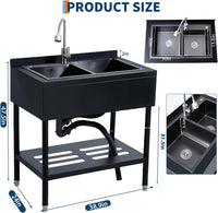 Garvee 22"D X 37"W X 39"H Freestanding Stainless Steel Double Bowl Kitchen basin - 360° Rotating Faucet - Durable, Rust Proof, Easy to Clean - Modern Black Finish - For Home, Kitchen, Bar, Laundry