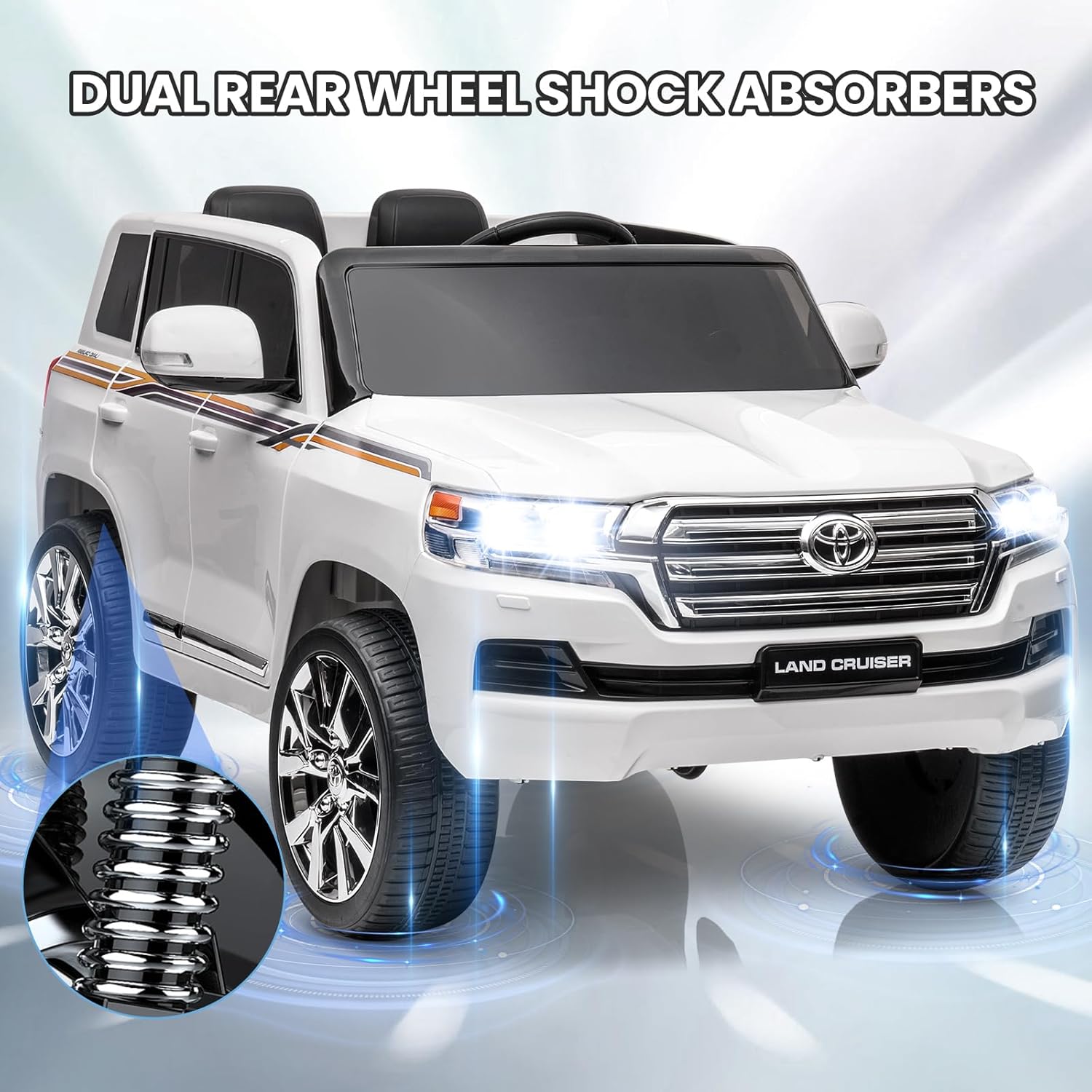 Garvee Ride - P Series: 12V Toyota Land Cruiser Kids' Car: Remote, LED, 3 Speeds, Dual 45W Motors, USB Music, Seat Belt, CPC & ASTM Approved - White