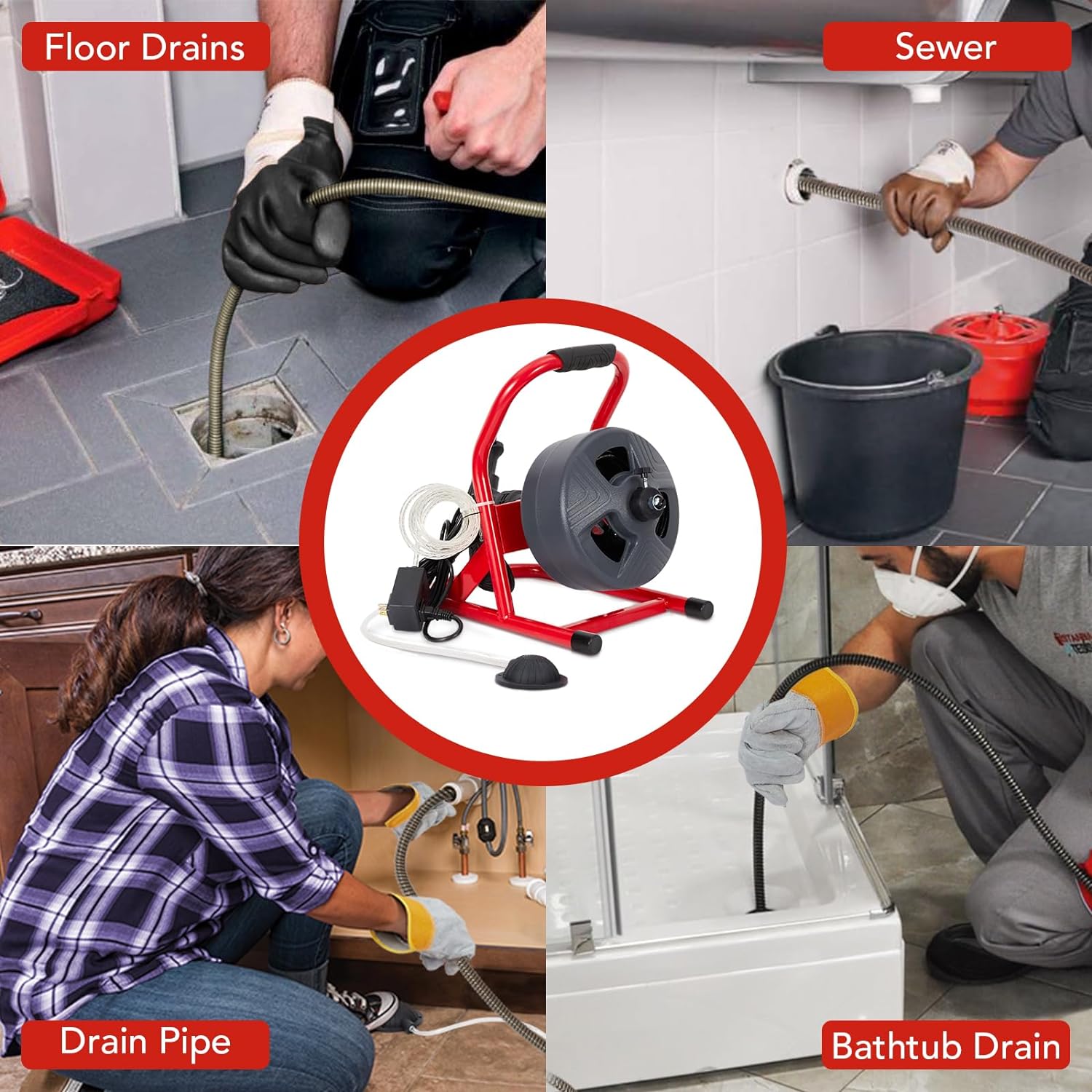 Garvee 50Ft x 5/16 Inch Drain Cleaner Machine, Drain Auger Professional for 3/4 to 3 Inch Pipes, Foot Switch with 6 Cutters, Gloves, Drain Auger Cleaner Sewer Snake