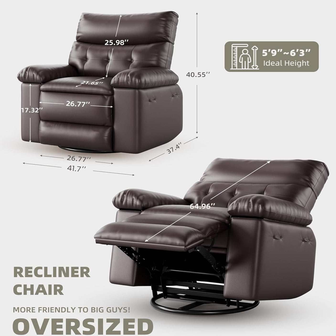 Garvee Oversized Wide Massage Recliner Chair, PU Leather Large Manual Recliner for Adults, Ultimate Comfort Lazy Boy with 1.5X Sponge Filling and Easy Recline Mechanism for Relaxation, Coffee
