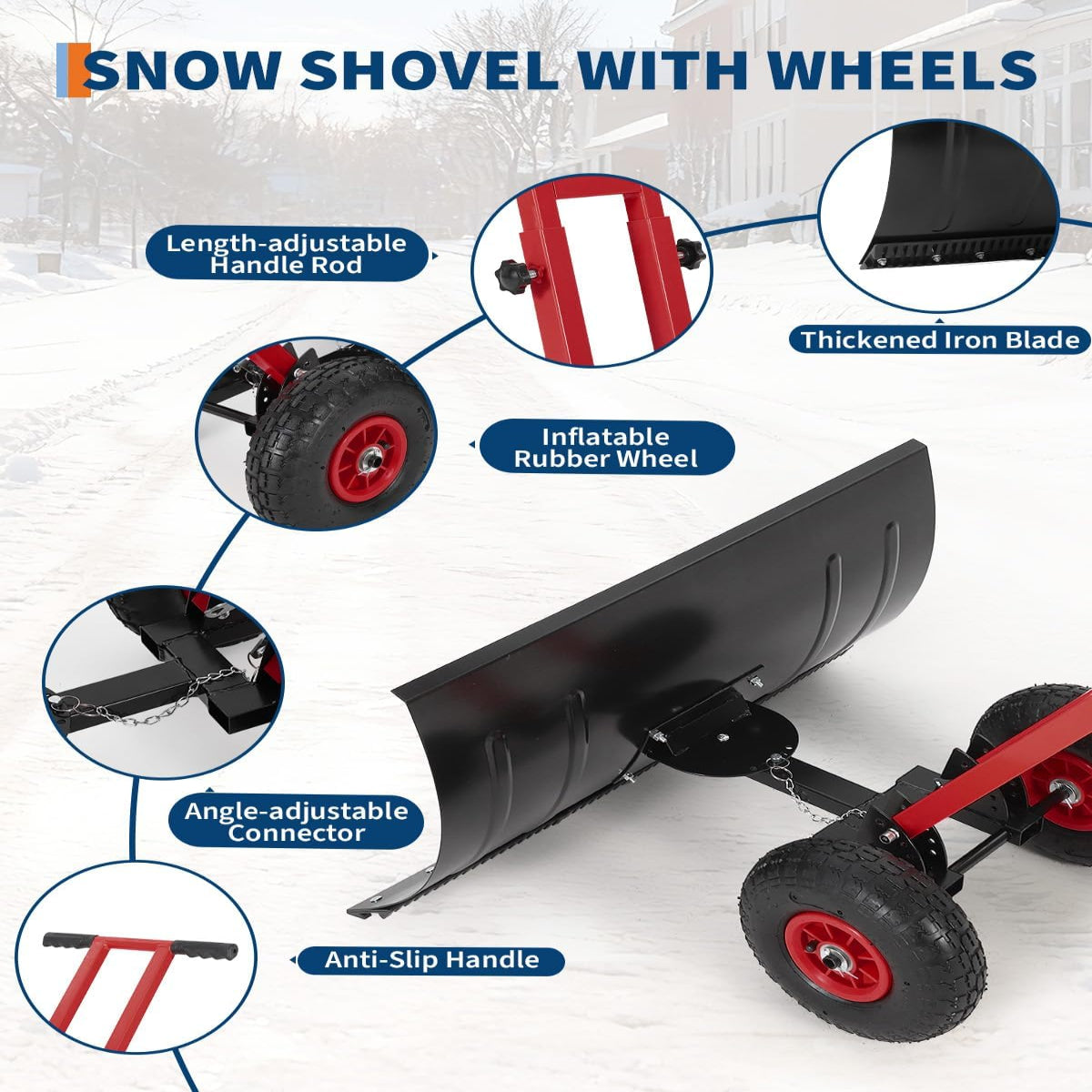 Garvee Snow Shovel 29x14in Heavy-Duty Carbon Steel 5-Position Angled Blade Adjustable Handle Wheels for Driveway Sidewalk