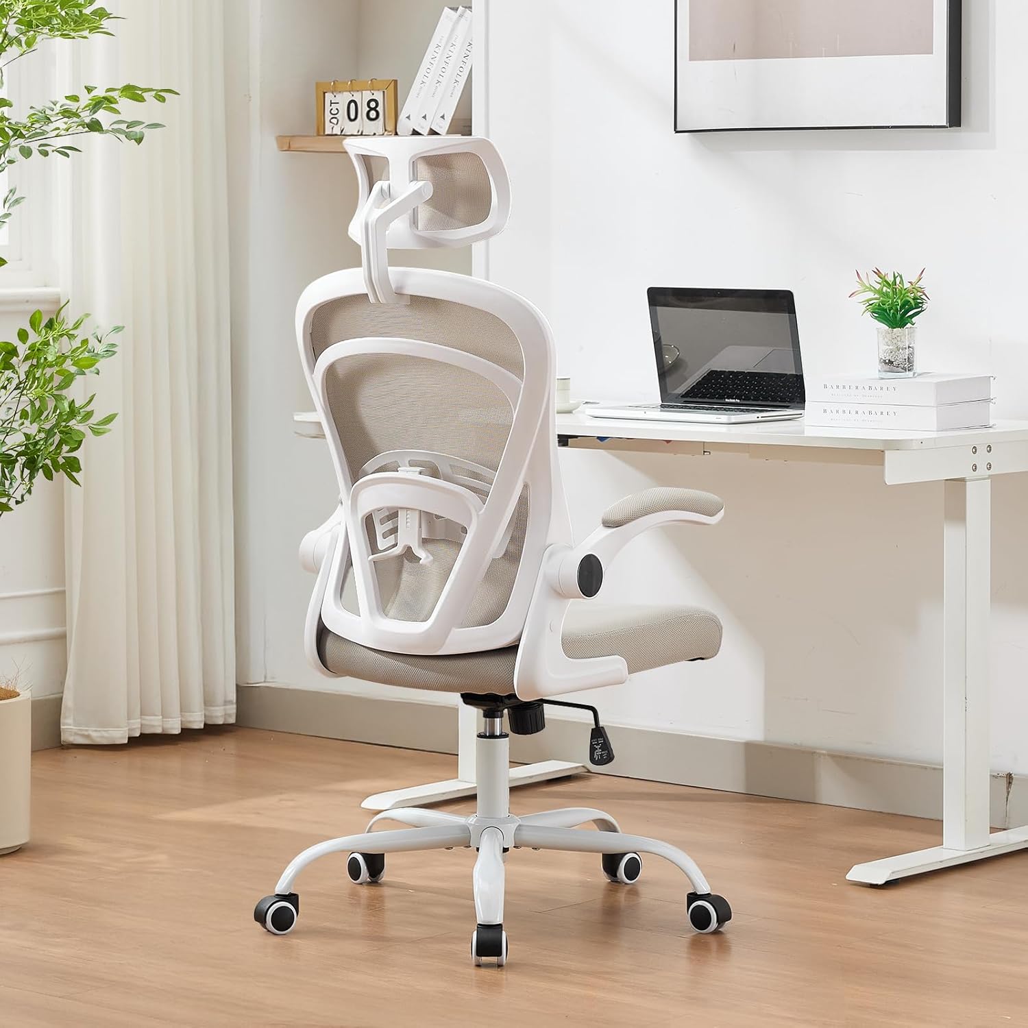 Garvee Ergonomic Office Chair, 300 LBS Capacity, High Back Mesh Desk Chair with Wheels, Flip-Up Armrests, Comfortable Lumbar Support Gaming Chairs for Home Office, Bedroom, Study, Beige