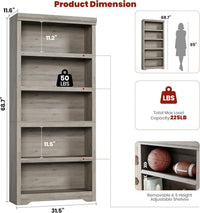 Garvee 5 Tier Bookshelf, 69" Tall Farmhouse Bookcase with Adjustable Shelves, 31.5" W Floor Standing Open Display Storage Rack with Anti-Slip Design for Home Office, Balcony, Library, Study / Living Room, Gray