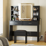 Garvee Vanity Desk with Mirror and Lights, Makeup Vanity Set w/Desk and Chair, Power Outlet, Makeup Vanity Desk with 6 Storage Shelves, 2 Large Drawers and 3 Color Adjustable Brightness, Black - Black