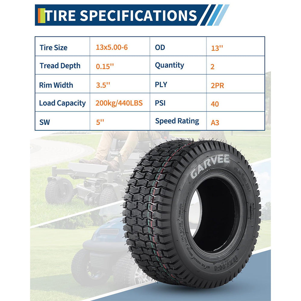 Garvee 2 Pack 13x5.00-6 Lawn Mower Tire V Pattern Tubeless for Lawn & Garden Riding Mower Tractor Golf Cart Utility Vehicles 4PR Black