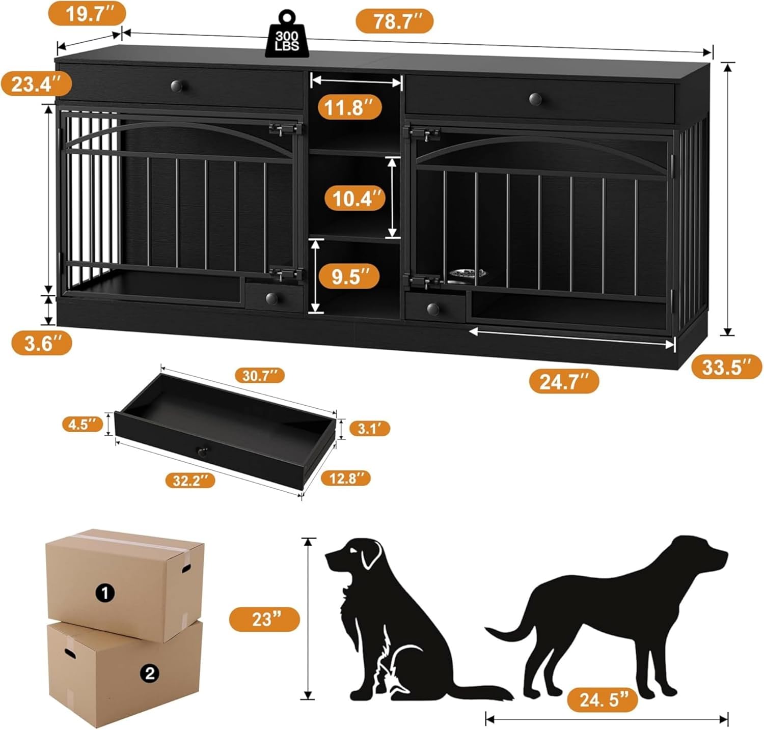 Garvee Dog Crate Furniture for 2 Dogs, 78.7" Large Dog Kennel Indoor with 2 Storage Drawers, 3 Shelves and Feeding Bowls, Double Dog Crate TV Stand for Small and Medium Dogs, Black