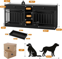 Garvee Dog Crate Furniture for 2 Dogs, 78.7" Large Dog Kennel Indoor with 2 Storage Drawers, 3 Shelves and Feeding Bowls, Double Dog Crate TV Stand for Small and Medium Dogs, Black