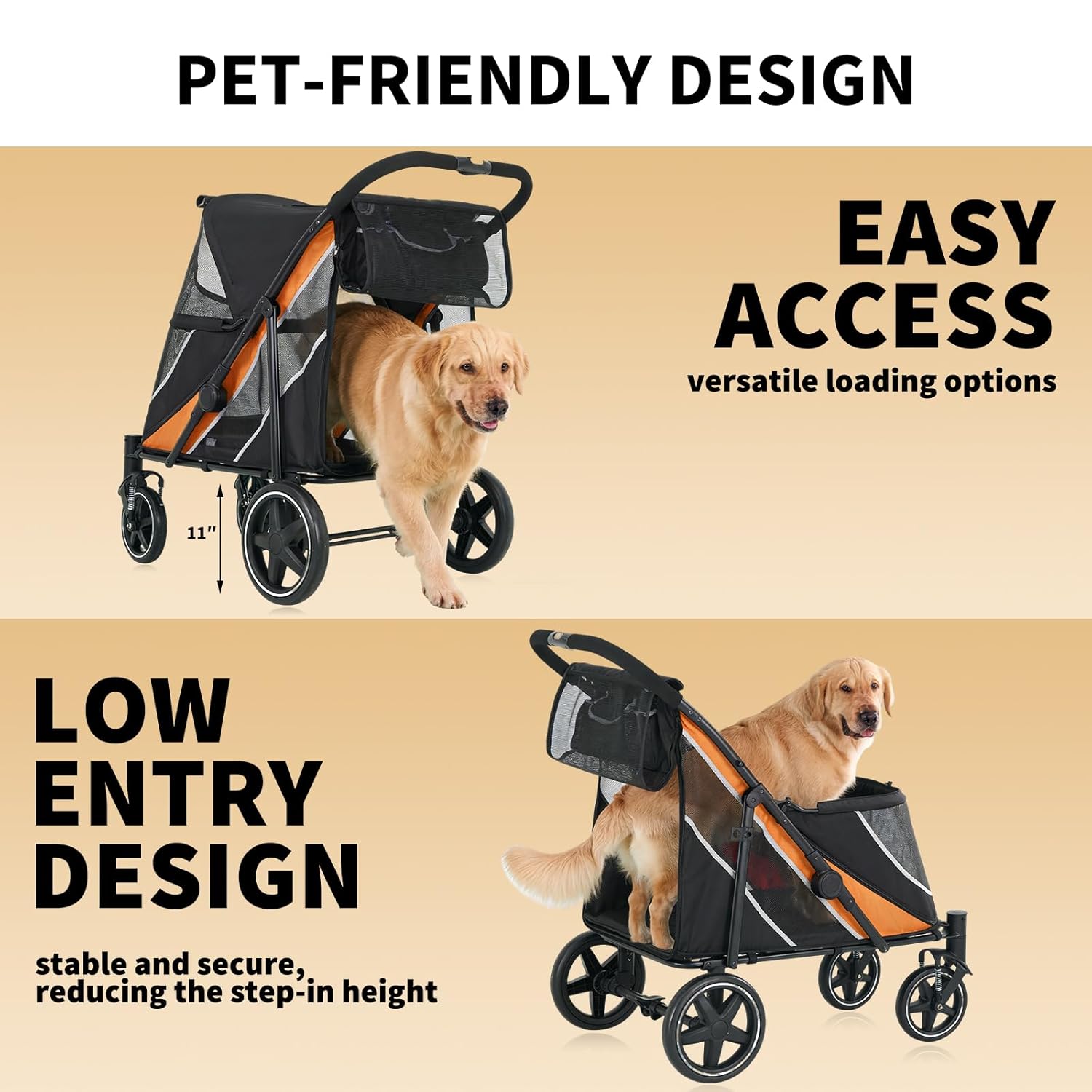 Garvee Large Dog Stroller for Large Dogs 88 lbs, One-Step Fold Pet Stroller with 11" All-Terrain Wheels, 360° Rotatable Front Wheels & Brakes, Heavy Duty, Dual Entry Doors for Senior Dogs, Orange