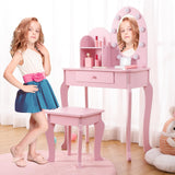Garvee Kids Vanity with Light, White Girls Vanity Set with Mirror, Stool Drawer and Pretend Makeup Playset, Wooden Princess Makeup Desk Dressing Table, Toddler Vanity (Batteries Not Included) - White