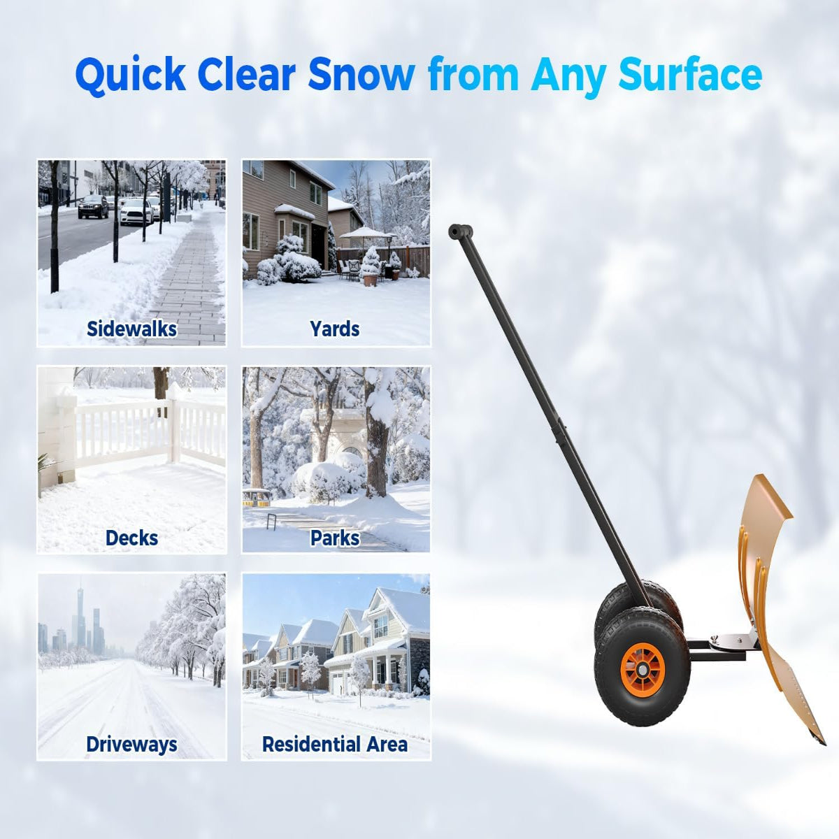 Garvee 29"W X 19"H Snow Pusher Shovel with Wheels - Heavy Duty Steel, 5-Position Adjustable Blade, Ergonomic Handle, Anti-Skid Wheels, Powder-Coated, Orange, for Driveway & Sidewalk