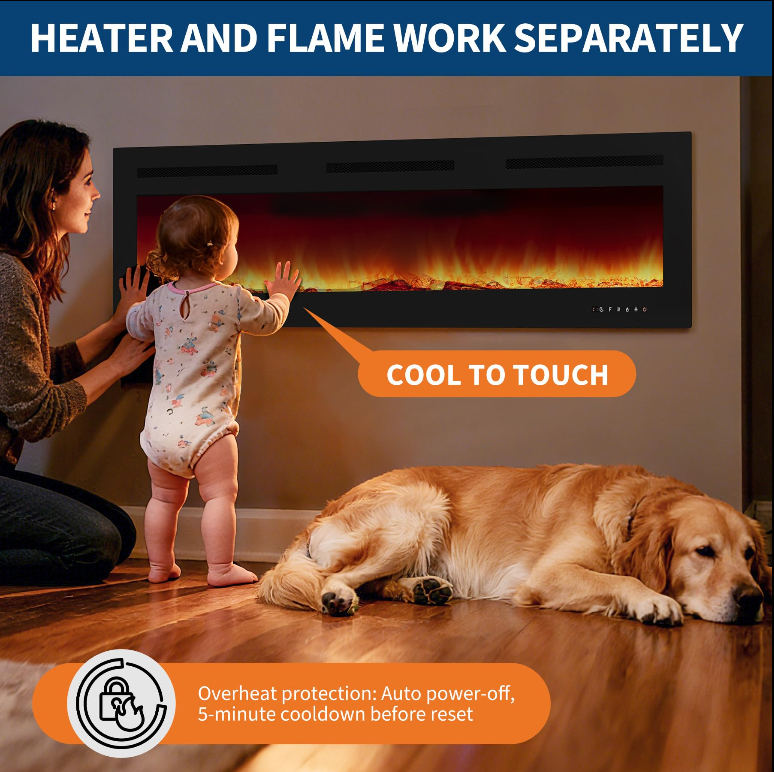 Garvee 42 Inch Electric Fireplace Insert Ultra-Thin 4.2" Linear Design 750/1500W Heater 12-Color Flame Remote Control Wall Mounted Living Room