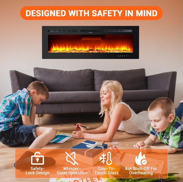 Garvee 42 Inch Electric Fireplace Insert Ultra-Thin 4.2" Linear Design 750/1500W Heater 12-Color Flame Remote Control Wall Mounted Living Room
