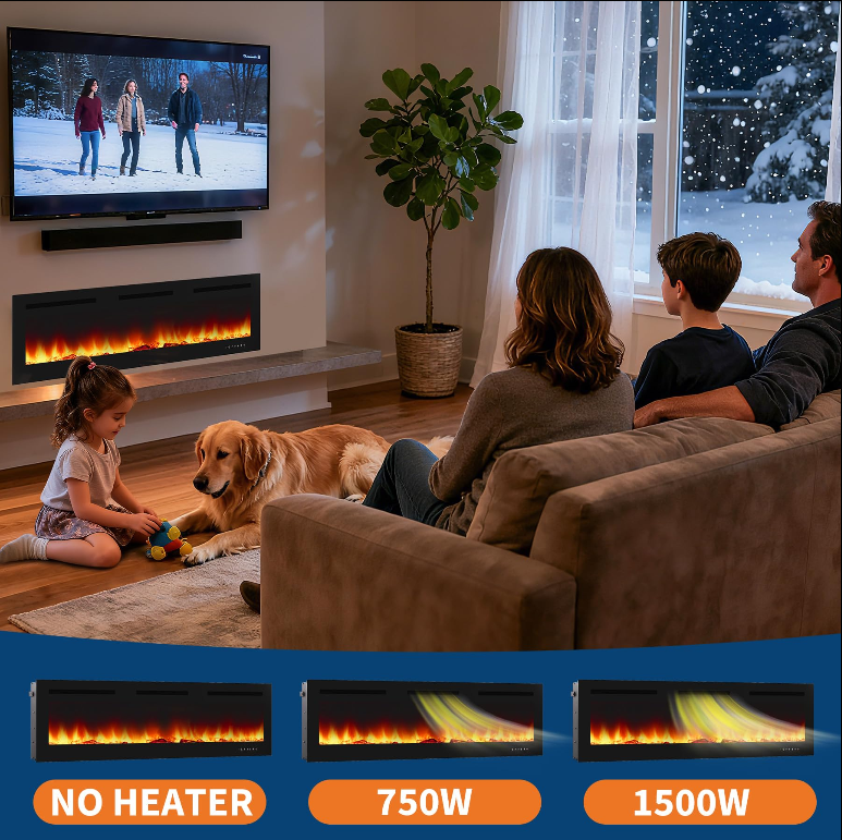 Garvee 68 Inch Electric Fireplace Wall Mounted & Recessed Ultra-Thin 4.2" Linear Heater 750W/1500W 12-Color Flames Log & Crystal Remote Control Living Room