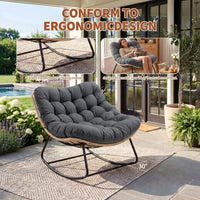 Garvee Rocking Chair with Thick Cushion, 450 LBS Capacity, Heavy Duty Metal Frame Patio Rocker, Curved Leg Wicker Rattan Armchair for Indoor Outdoor Lounge Decking, Gray