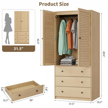 Garvee 70" Wardrobe Armoire Wooden Closet with 2 Doors and 3 Drawers, Bedroom Armoire with Hanging Rod Shelf, Large Capacity Storage Wardrobe Armoire, Freestanding Wooden Closet Storage Cabinet