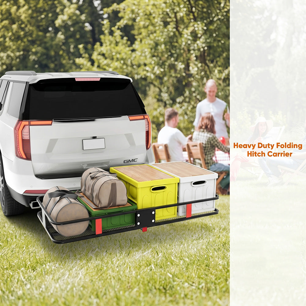 Garvee 60"x24"x6" Folding Hitch Mount Cargo Carrier Basket with 25 Cubic Feet Waterproof Cargo Bag (60" x 24" x 31") - 500 lbs Capacity, Folding Arm, Hitch Stabilizer, Net, and Straps