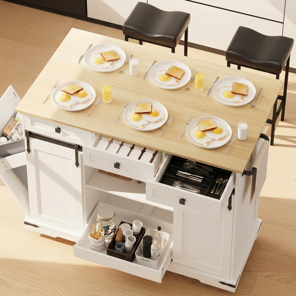 Garvee Rolling Large Kitchen Island Cart with Power Outlet, 3 Drawers, Drop Leaf, Trash Can Storage, Mobile Table, White, 54 Inches