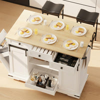 Garvee Rolling Large Kitchen Island Cart with Power Outlet, 3 Drawers, Drop Leaf, Trash Can Storage, Mobile Table, White, 54 Inches