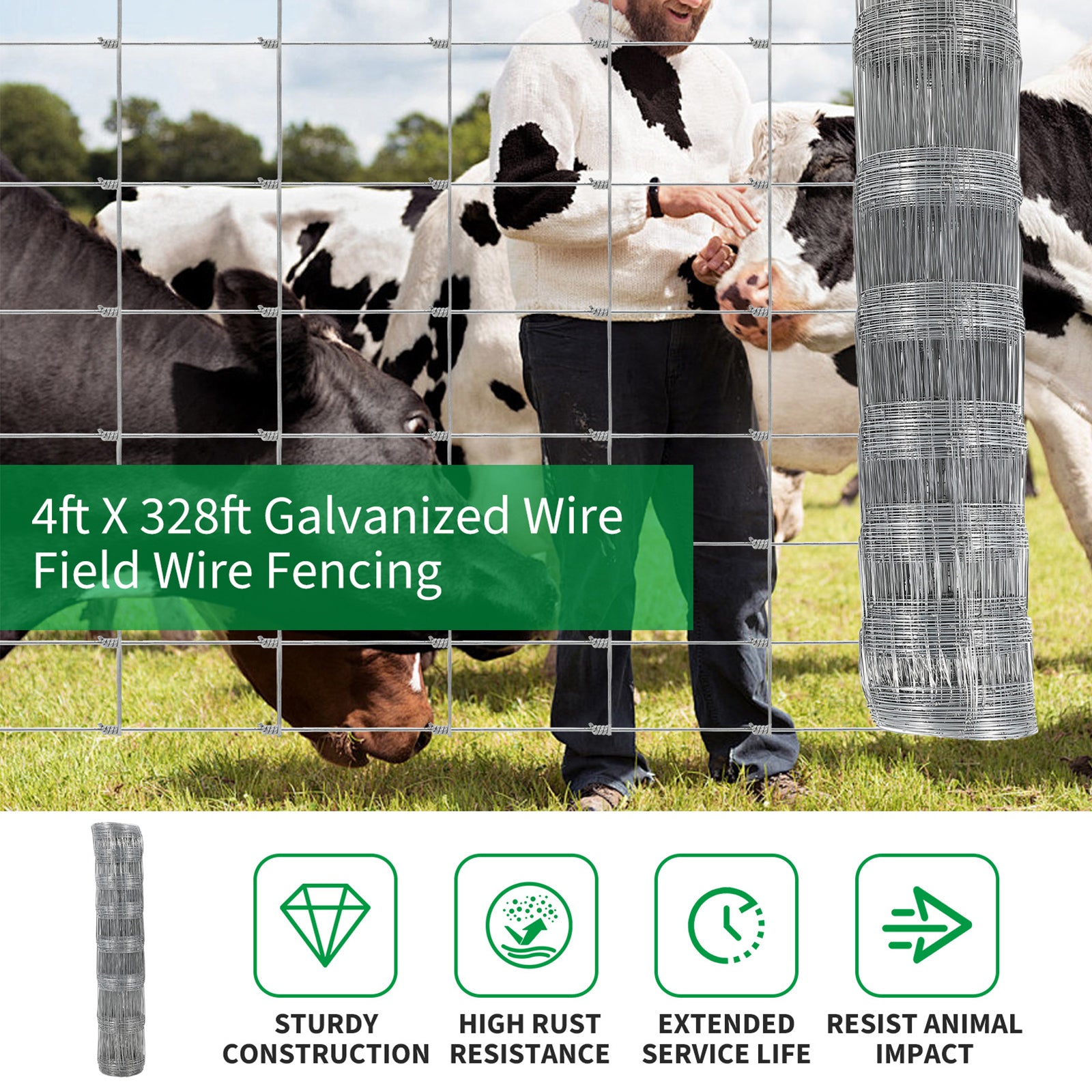 Garvee Cattle Farm Fence 4x164ft Galvanized 12-Gauge Wire Durable Woven Hinge Knot Multi-Animal Livestock Fence Farm & Field Use