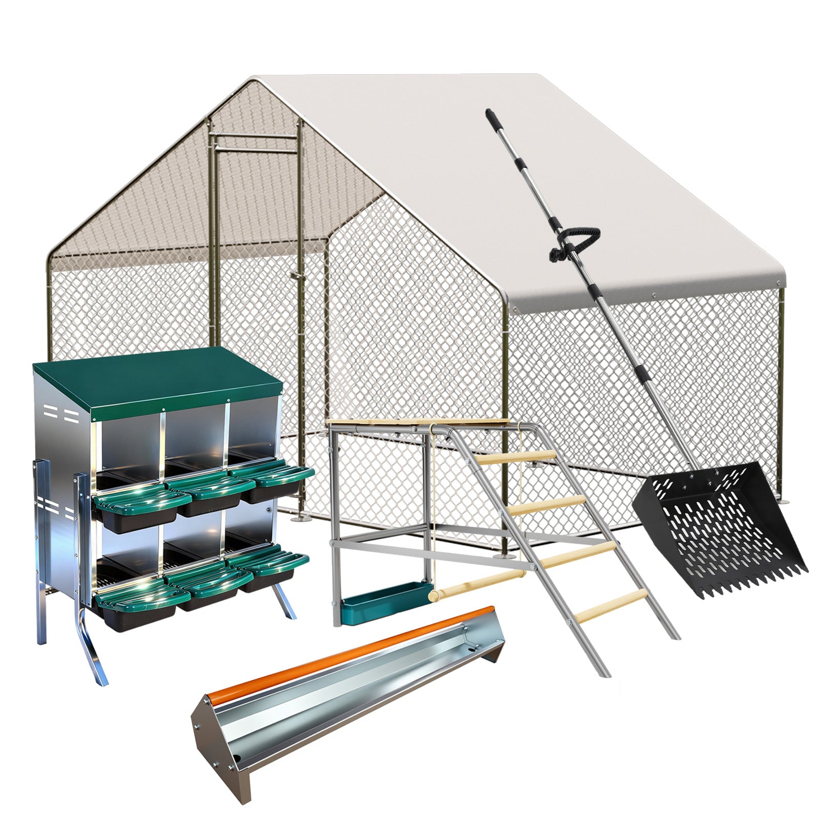 Garvee Homestead Chicken Coop Kit: Large Predator-Proof Poultry Run, Roll-Away Nesting Box, Climbing Gym, Cleaning spatula & Automatic Feeder - Comfort for 5-8 Hens