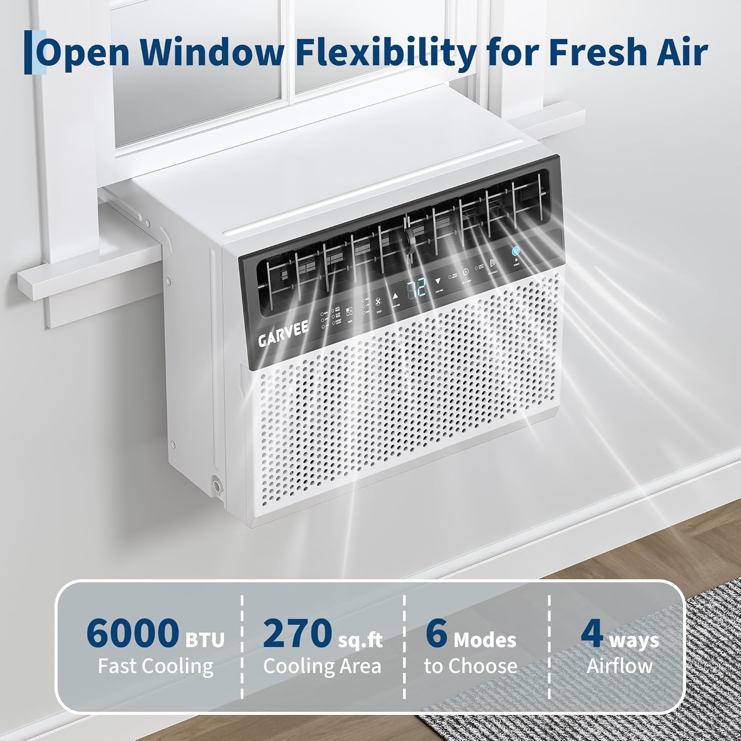Garvee U-Shaped Window Air Conditioner 6000 BTU Ultra Quiet Energy Efficient Remote Control Dehumidifier Fan Easy Install Fits 24-48" Windows Bedroom Living Room