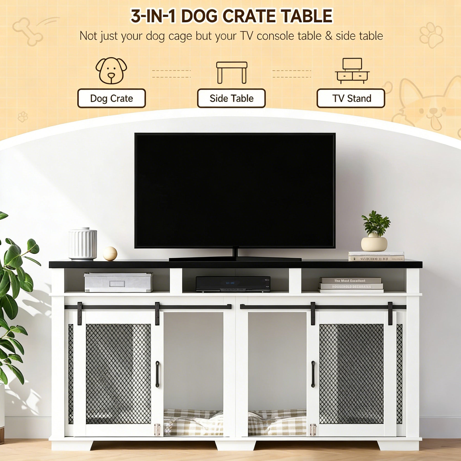 Garvee Dual-Panel Dog Crate Furniture, 71" Heavy Duty Dog Kennel Furniture with 3 Storages and Removable Divider, Double Dog Crate Table Indoor TV Stand for Large Medium Dogs, Black&White