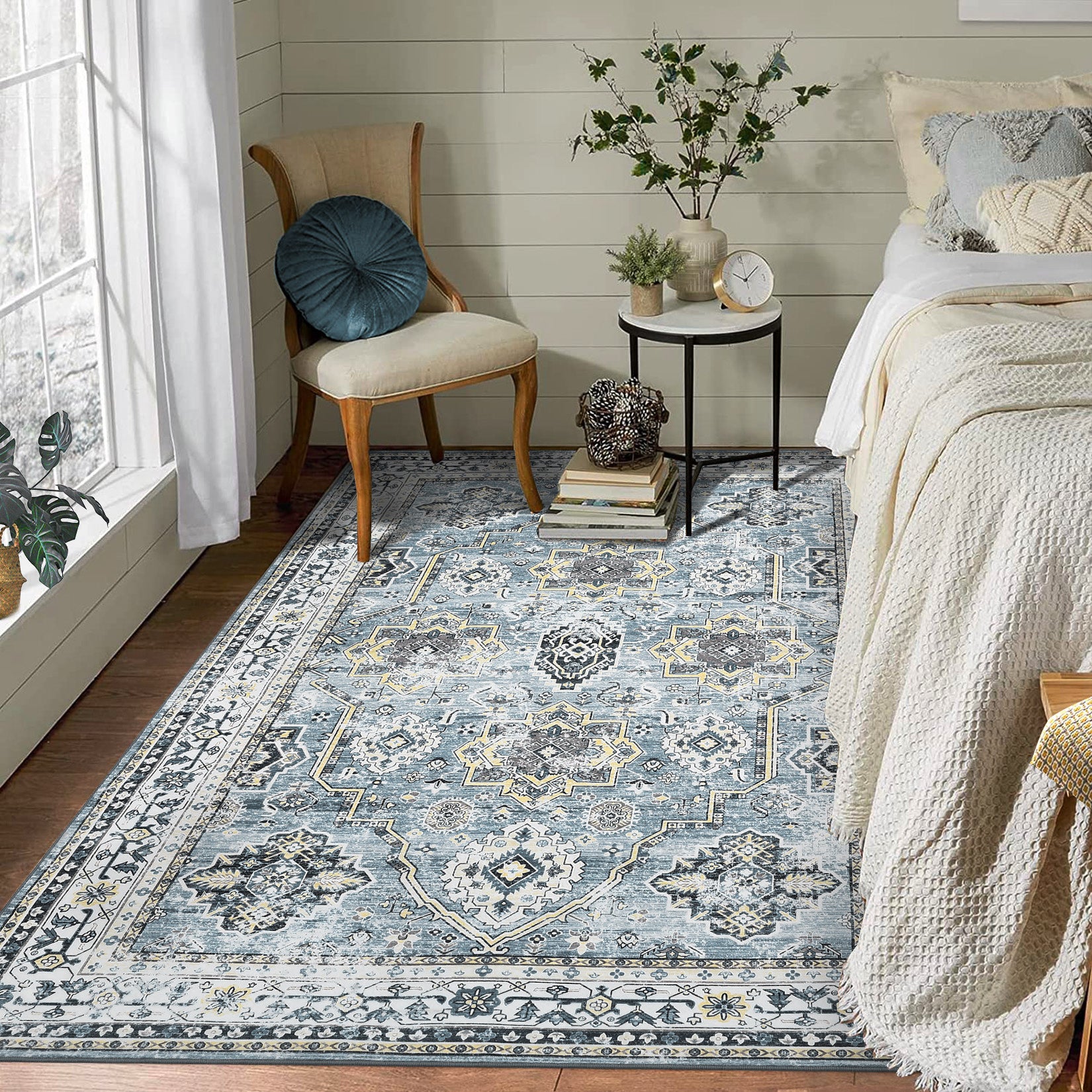 Garvee Blue 9x12 Washable Rugs for Living Room Boho Vintage Rug Non Slip Large Area Rug Soft Non Shedding Throw Rugs Stain Resistant Carpet for Bedroom Office Dining Room Nursery