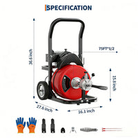 Garvee Drain Cleaner Machine - 75FT x 1/2 Inch Steel Core Cable, 370W Portable Electric Sewer Auger with Cutters, Air-Activated Foot Switch, and Wheels for Commercial and Home Use