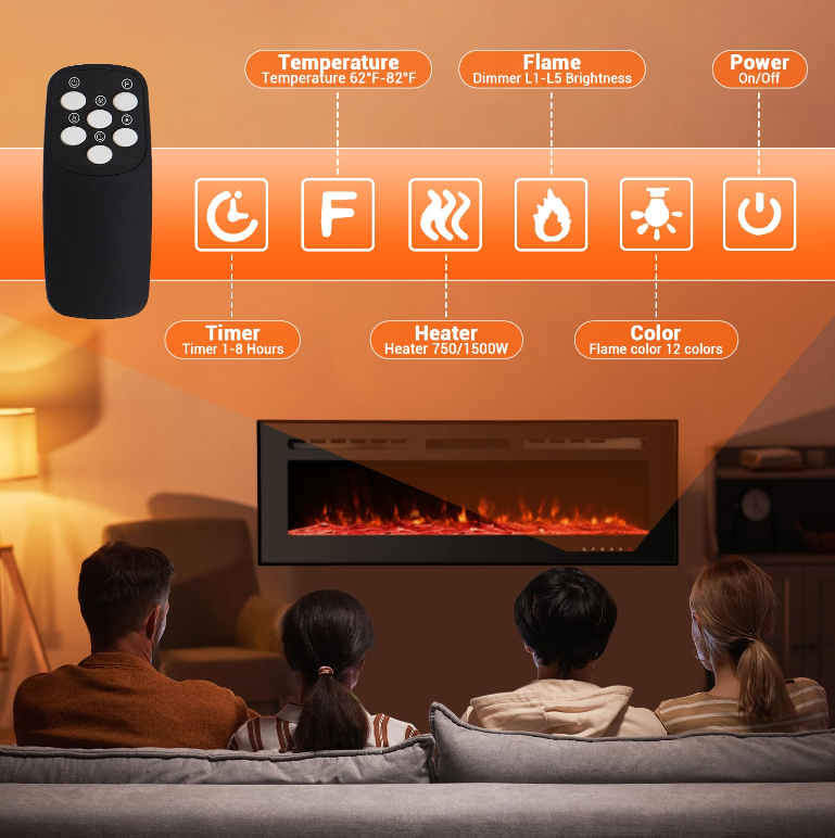 Garvee 42 Inch Electric Fireplace Insert Ultra-Thin 4.2" Linear Design 750/1500W Heater 12-Color Flame Remote Control Wall Mounted Living Room