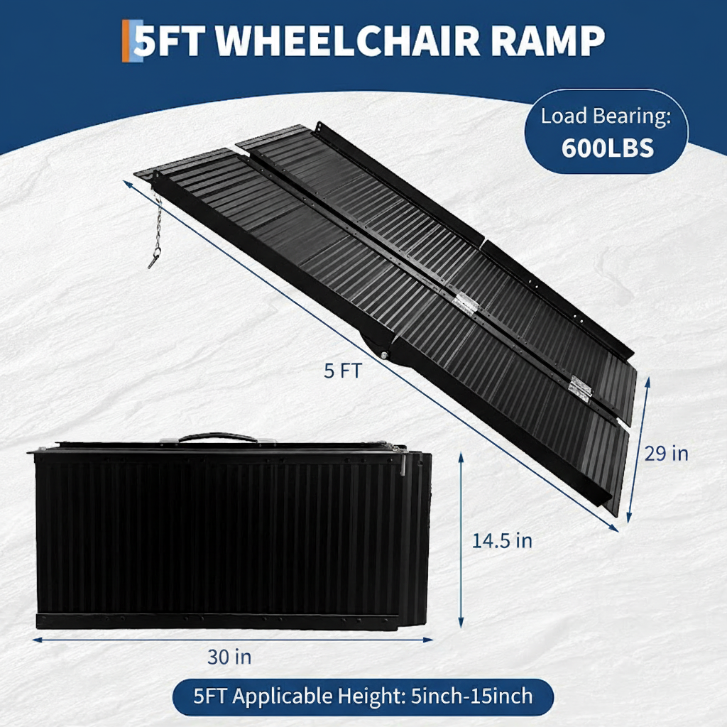 Garvee 5FT Portable Wheelchair Ramp - 600LB Aluminum Folding w/Non-Slip Black Finish Rustproof for Home Entryways & Stairs