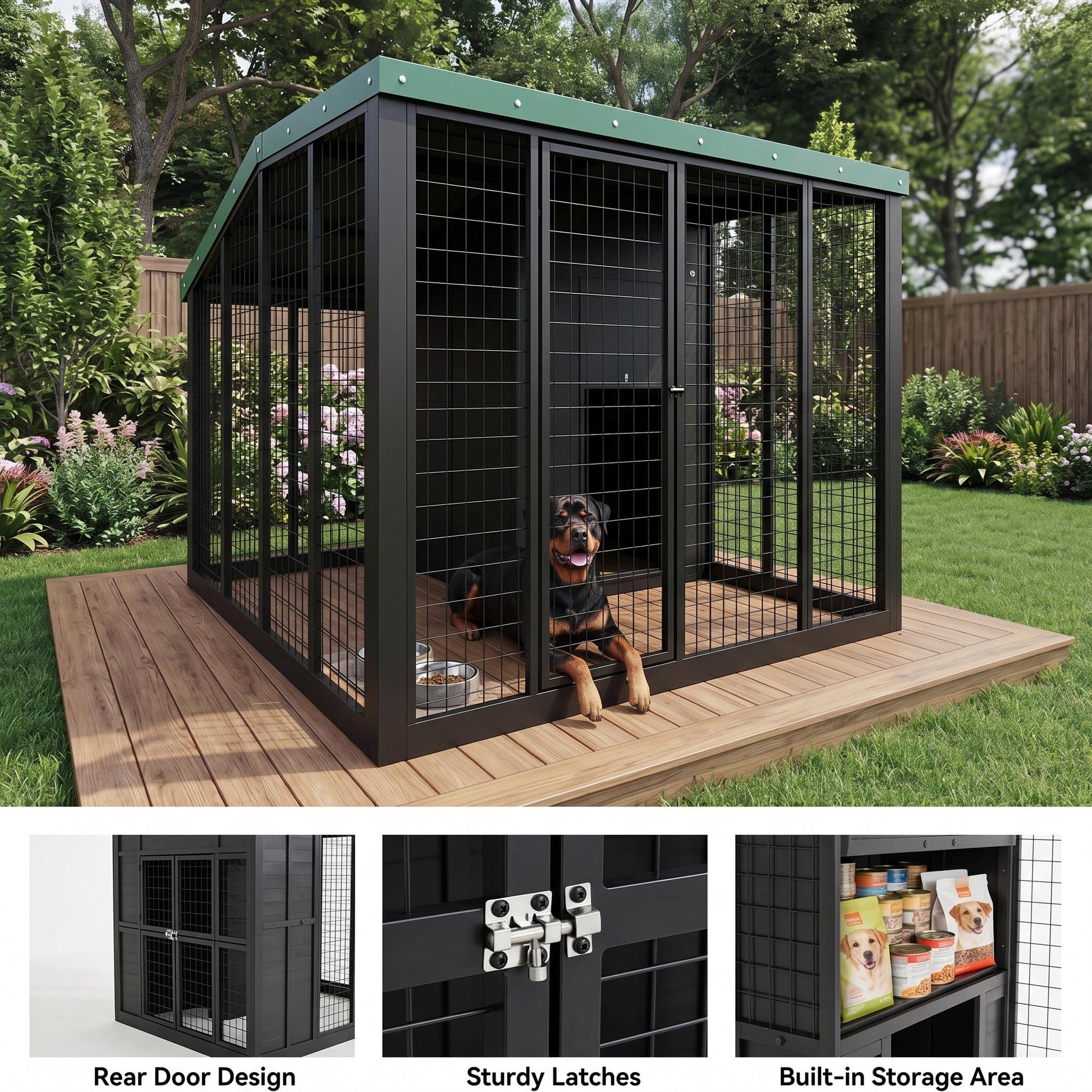 Garvee Large Outdoor Cedar Wood Dog House, Weatherproof Dog Kennel with Roof, Rear Door, Secure Lock & Built-in Storage Outdoor Safe Pet Shelter for Medium to Large Dogs, Black