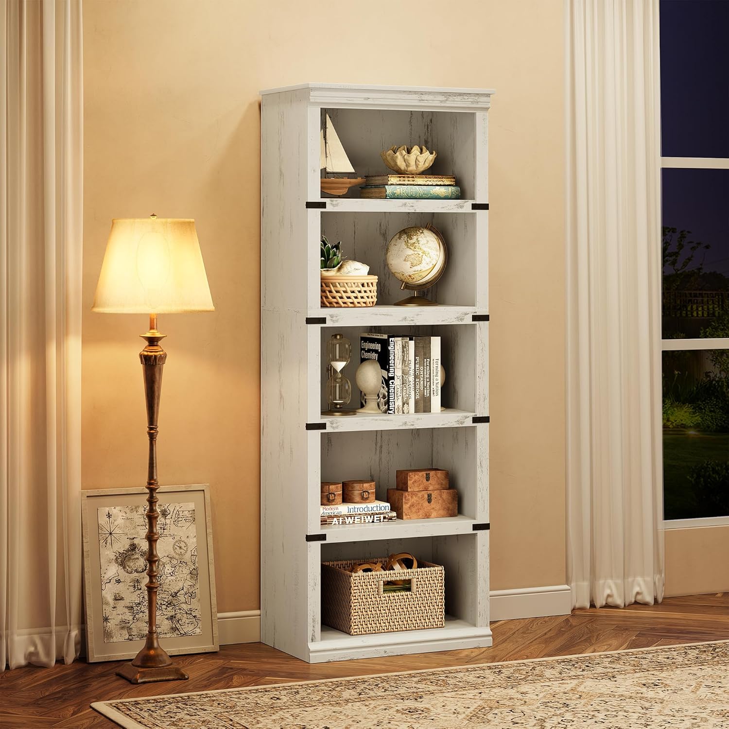 Garvee Farmhouse Bookcase 5 Tiers Tall Wooden 67.4" with Storage, Colonial Molding, MDF Boards, Iron Angle Design, Home Office, Living Room, White