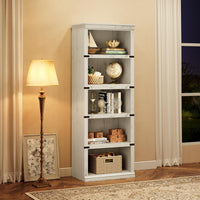 Garvee Farmhouse Bookcase 5 Tiers Tall Wooden 67.4" with Storage, Colonial Molding, MDF Boards, Iron Angle Design, Home Office, Living Room, White