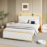 Garvee Full Size Bed Frame, Storage Headboard with Charging Station, Platform Bed with Velvet Backrest, No Box Spring Needed, Easy Assembly, Beige - Beige