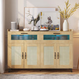 Garvee Sideboard Buffet Cabinet With Power Outlet & LED Light, Kitchen Storage Cabinet With 2 Fluted Acrylic Drawers & 4 Rattan Doors, Coffee Bar Cabinet Wood Buffet Table for Kitchen, Dining Room (Natural) - Natural