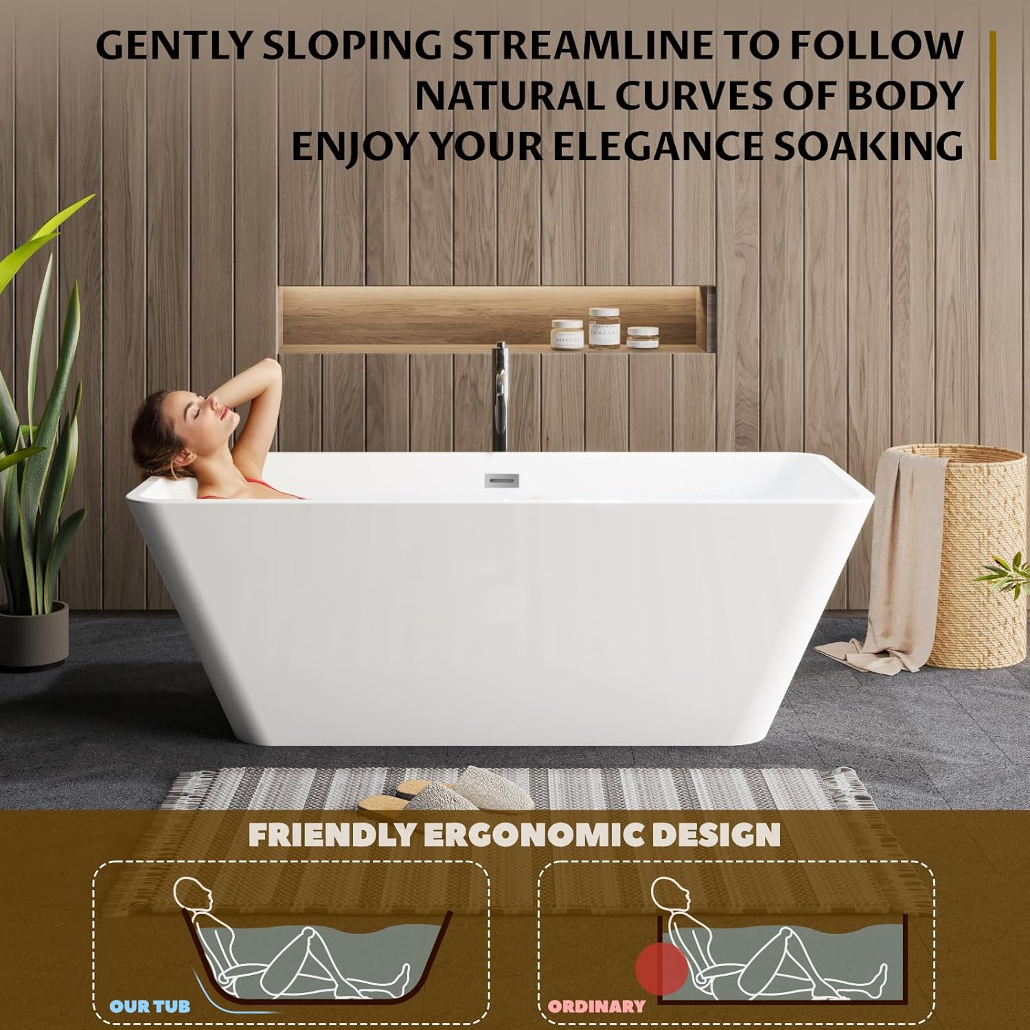 Garvee SZ3 59" Freestanding Bathtub in Streamline Design with Chrome Overflow and Drain, cUPC Certified, White