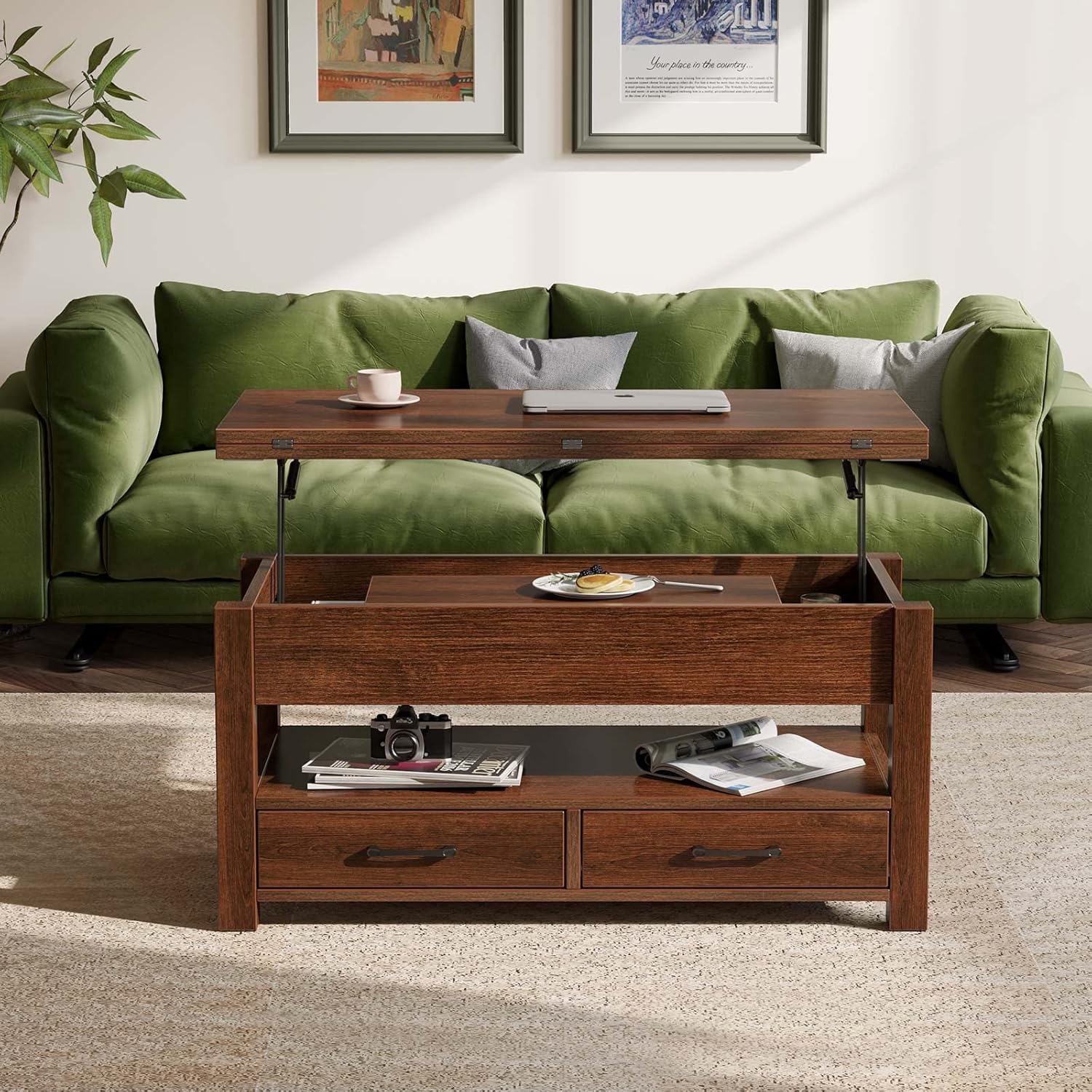 Garvee Coffee Table Lift Top, Multi-Function Convertible Coffee Table with Drawers and Hidden Compartment, Converts to Dining Table for Living Room, Home Office, Brown