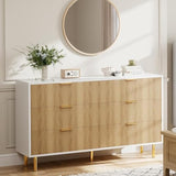 Garvee Fluted Dresser with 6 Drawers, 56" Wide Modern Chest of Drawers with Curved Profile Design, Wooden Dresser TV Stand, Wood Drawer Organizer for Bedroom, Living Room, Hallway, Natural Oak&White - Natural Oak&White