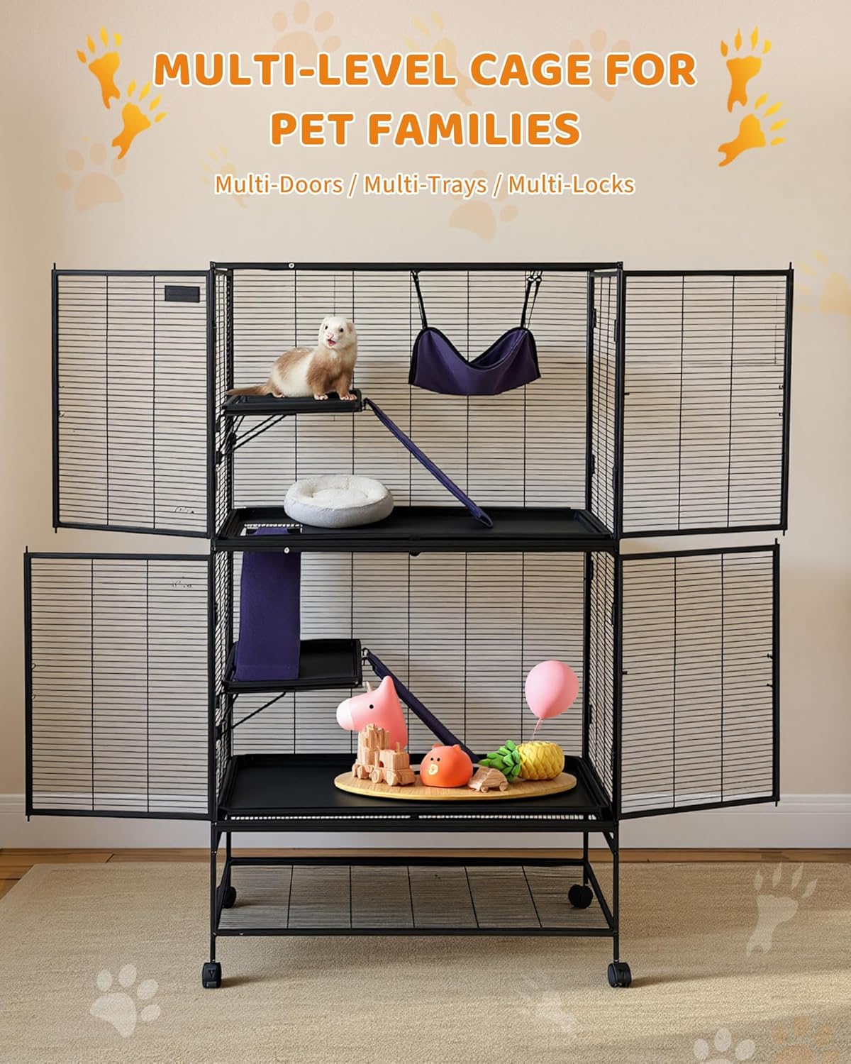 Garvee Metal Cat Cage 64 Inch Tall Multi-Level Ferret Cage for Small Animals Indoor Outdoor Playpen with Hammock Detachable Metal Wire Kennel for Cats Chinchilla Rabbit Guinea Pigs
