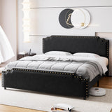 Garvee Full Size Bed Frame, Velvet Upholstered Platform Bed Frame with Rivet Decor Headboard, Strong Wood Slat Support, No Box Spring Needed(Black/Full) - Black