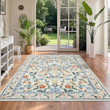 Garvee Floral Washable Rug 4x6, Non-Shedding Indoor Foldable Printed Rug for Bedroom Kitchen, Non-Slip Soft Vintage Throw Low Pile Farmhouse Washable Carpet, Green - Green