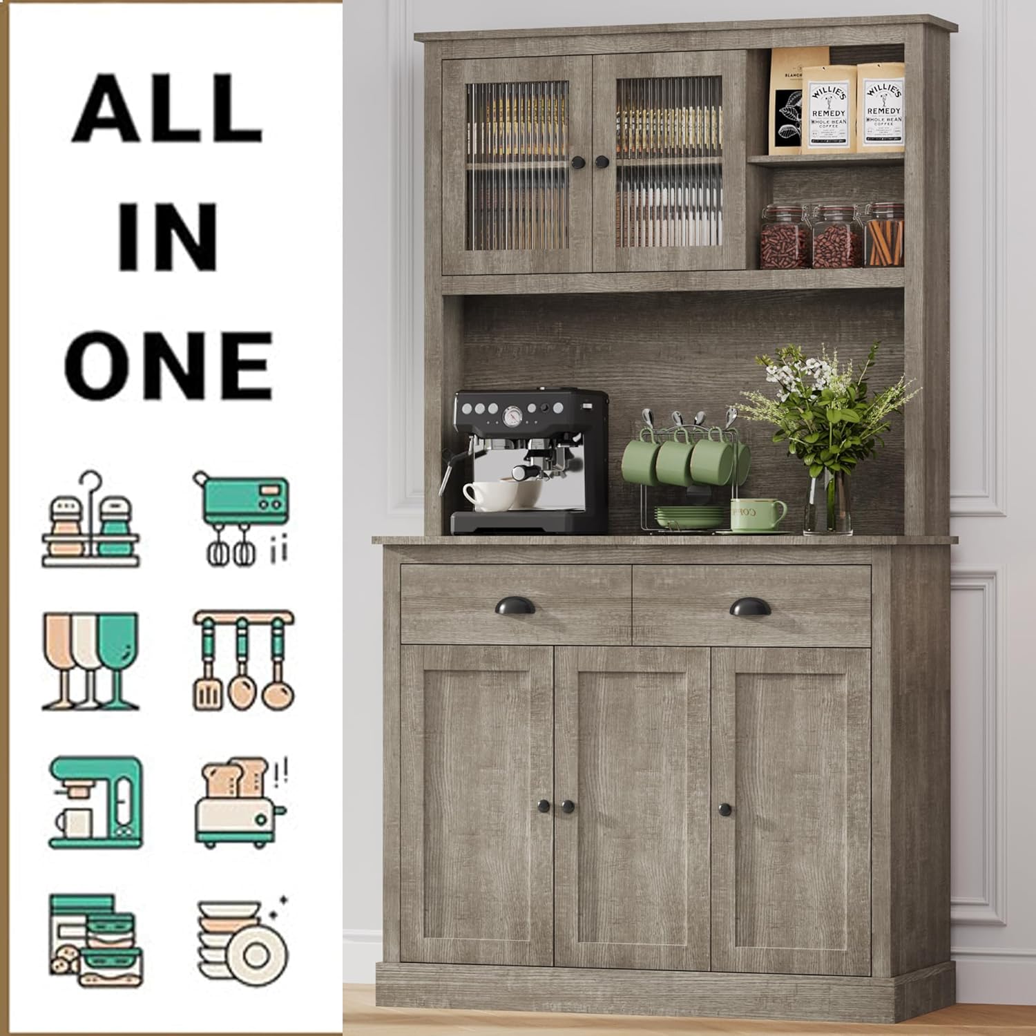 Garvee Farmhouse 71" Freestanding Pantry Cabinet with  Drawers and Adjustable Shelves, Grey